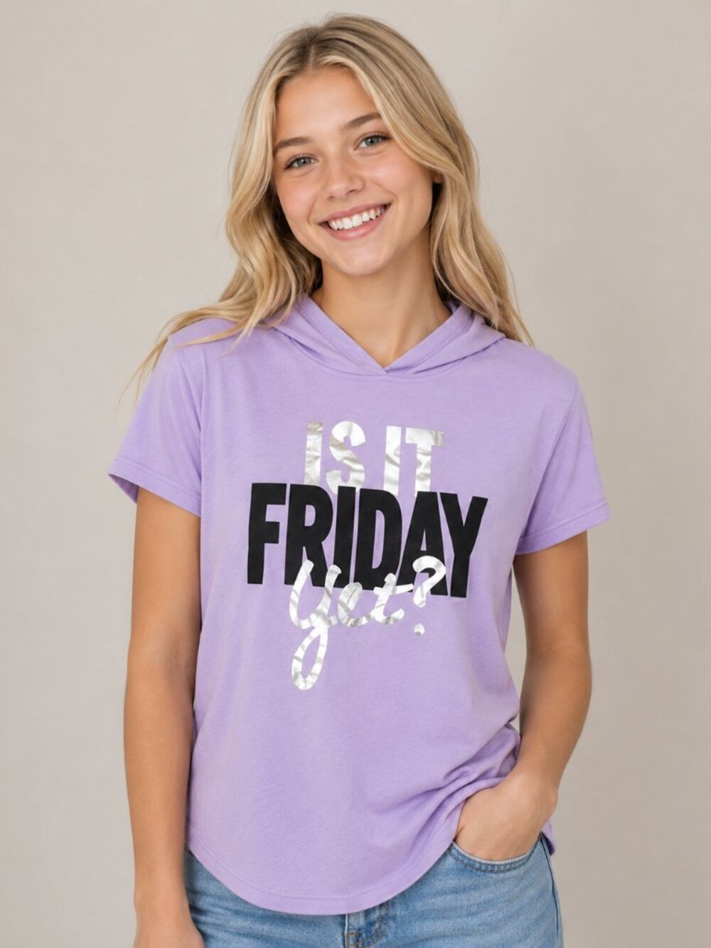 Justice Girls Size 14 Lavender Hooded Graphic T-Shirt "Is It Friday Yet?" Short